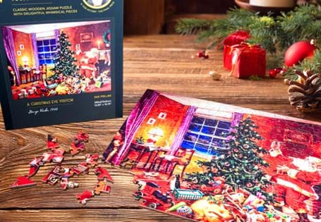 Discover The Christmas Wooden Jigsaw Puzzle, featuring 265 wooden pieces and artwork by George Hinke. A festive puzzle with unique 'whimsy' pieces, perfect for collectors and families.