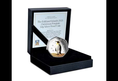 The Falkland Islands have released a new Christmas Silver Proof 50p, featuring the King Penguin. The coin has been struck from 92.5% Sterling Silver and features selective colour print.