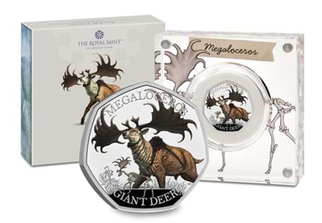 The Steppe Mammoth 50p coin from The Royal Mint, struck from Sterling Silver with vibrant colour print.