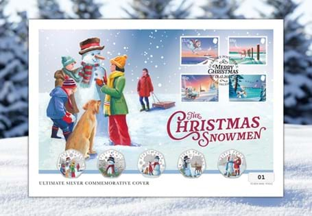 This cover features all 5 of the 2024 Christmas Snowmen 50ps struck from Sterling Silver.  Also featured are 4 snowmen stamps which have been postmarked on their first day of issue-1st Dec 2024 EL: 50