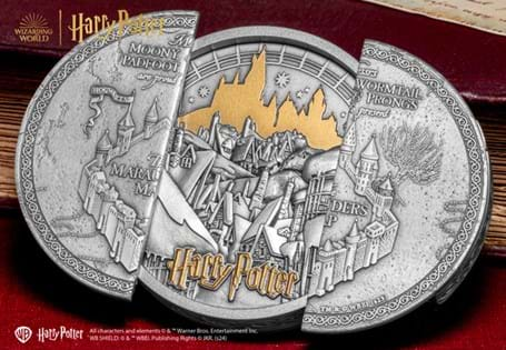 This officially licensed coin showcases the Marauder's Map complete with a magical feature. Open up the coin to reveal Hogsmeade struck from .999 Silver & finished with 24 Carat Gold plating. EL: 249