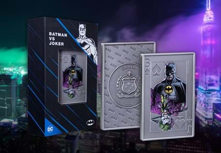 This coin has been struck from 2oz of Pure Silver to an antique finish. It is in the shape of a playing card and features Batman and the Joker. Edition Limit: 750