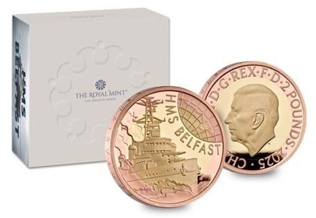 The UK 2025 HMS Belfast Gold Proof £2 coin in official Royal Mint packaging. Edition limit: 100