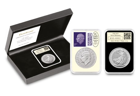 This UK 2025 1oz Silver Britannia DateStamp has been postmarked by Royal Mail for 1st January 2020. It comes in a wooden box, in a tamperproof capsule with a Certificate of Authenticity. EL: 500.