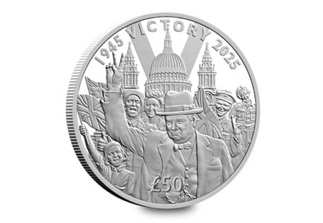 This coin has been issued to mark the 80th anniversary of VE Day. It has been struck from 10 ozs of Pure Silver to a Proof Finish. The design features Churchill in front of St Paul's. Edition Limit 80