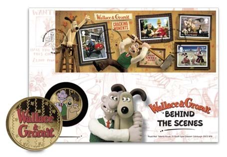 This Wallace & Gromit Stamp and Medal Cover has been issued by Royal Mail in 2022. The stamps feature four of Wallace & Gromit's most iconic moments, alongside a 24ct Gold-plated medal.