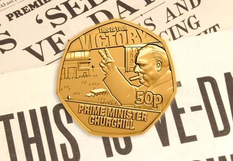 Issued to mark the 80th Anniversary of VE Day, this 50p coin features a crowds gathered infront of Churchill to celebrate the end of the war in Europe. It has been plated in 24 Carat Gold. EL: 29,995 