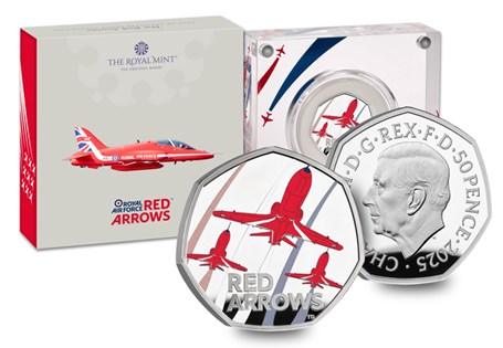 The UK 2025 Red Arrows Silver 50p coin, struck to a Proof finish with the addition of vivid colour detail. EL: 5,000