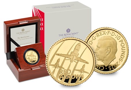 The UK 2025 Red Arrows Gold 1/10oz coin, struck to a Proof finish. Released by The Royal Mint with an edition limit of 500.