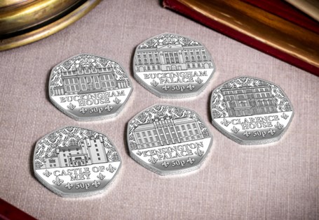 Struck from Sterling Silver to a Proof finish, each coin in the 2025 Jersey Royal Residences Silver Proof 50p Set features a famous Royal Residence in the UK