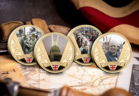 The Memories of Victory Gold-Plated Coin Set features four 24 carat gold-plated Proof round fifty pence coins featuring photographs of VE Day in 1945.