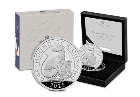 The UK 2025 Greyhound of Richmond Silver 1oz Coin, struck from pure Silver to a proof finish. Released by The Royal Mint as part of The Royal Tudor Beasts Collection. Edition Limit: 2,500.