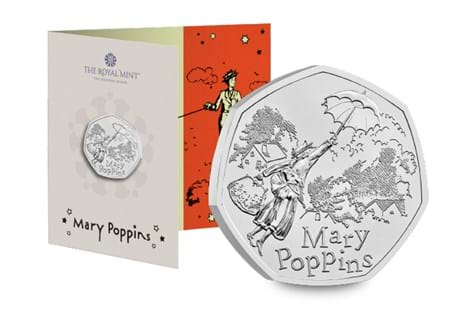 The UK 2025 Mary Poppins Brilliant Uncirculated 50p Coin Pack. Issued by The Royal Mint.