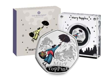 The UK 2025 Mary Poppins Silver 50p coin, struck to a pristine Proof finish with the addition of vivid colour detail. EL: 5,000