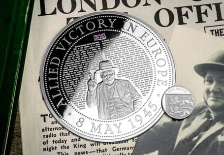 Commemorate the 80th Anniversary of VE Day with this 5oz Silver Proof Masterpiece, featuring Winston Churchill's iconic speech immortalised with micro-engraving, marking the end of World War II.