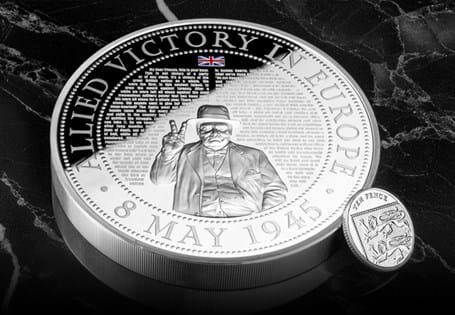 Commemorate the 80th Anniversary of VE Day with this Kilo Silver Proof Masterpiece, featuring Winston Churchill's iconic speech immortalised with micro-engraving, marking the end of World War II.