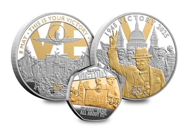 VE Day Silver £5 (Gold Plate) With Single 50P All Rev