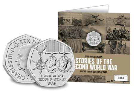 The Royal Mint have issued a 50p to honour the experiences and personal stories of those who lived through WWII. This coin is struck to a BU quality and is displayed in a limited-edition display card.