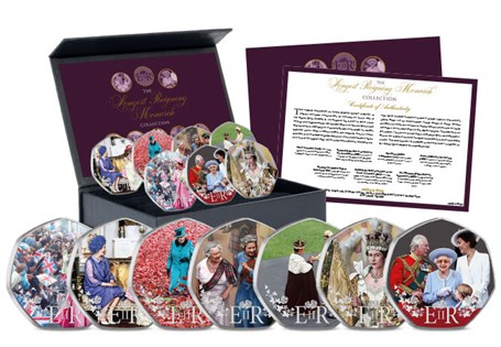 This set features 7 commemoratives displaying key moments from Queen Elizabeth II's life, across her 7 decades of reign. Displayed in presentation case and comes with certificate of authenticity.