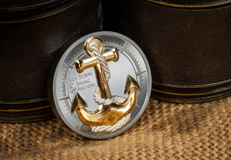 The Anchor - Rough Storms is a 2oz Pure Silver with Black Proof & Gold Plating coin. Limited to 999 worldwide.