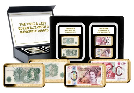 Your Queen Elizabeth II First and Last Banknote Ingot Pair features FOUR Gold-plated Ingots, depicting the front and back of the 1960 Bank of England £1 Note and the 2021 £50 Note. 