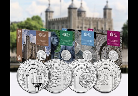A bundle of 2020 UK £5 coins from The Royal Mint celebrating the history of the Tower of London.