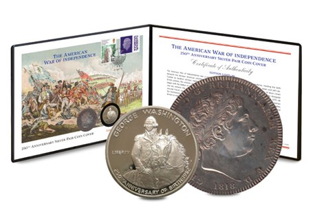This cover brings together an original George III Silver Crown alongside a USA George Washington Silver Half-Dollar. It has been postmarked with 19th April 2025 - 250th anniversary 