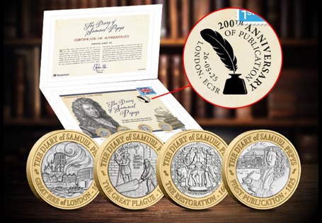 Marking 200th Anniversary of the first publication of Samuel Pepys Diary this cover features 4x £2 coins Samuel Pepys inspired coins. Struck to a BU quality and postmarked with his death 26/05/25