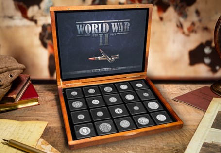 This collection includes 7 silver coins from the Axis powers and the allied forces. Comes presented in a deluxe box with COA.