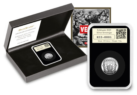 This DateStamp has been issued to mark the 80th anniversary of VE Day. The coin struck from Pure Silver. Postmarked on the 80th anniversary 8th May 2025. EL 800.