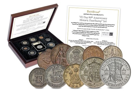 This DateStamp, postmarked on the 8th May 2025, brings together the complete set of 1945 coinage from the year of VE Day and an original 1939 Half Crown from the year of the start of WWII