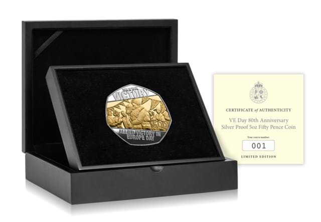 VE Day Falklands Silver (With Sel. Gold Plate) Victory 5Oz 50P Box Shot