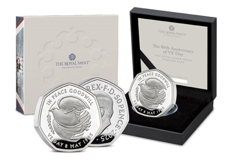 The UK VE Day 80th Anniversary Silver Piedfort 50p coin. 