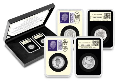 This DateStamp pair houses the UK 1995 Silver VE Day £2 and the UK 2025 VE Day Silver 50p, both postmarked with the 80th anniversary: 8th May 2025