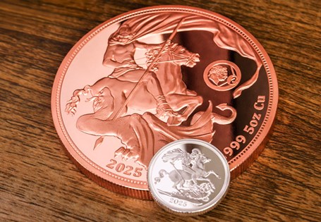 This 2025 St. George and the Dragon Coin has been struck from 5 ounces of .999 Copper to a proof like finish. Strictly limited to 1500 worldwide.