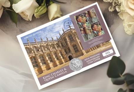 Celebrating the 20th anniversary. It features the new 2025 BU £5 coin, displaying a portrait of the pair and Royal Mail 2005 Royal Wedding Miniature Stamp Sheet, postmarked on 9th April 2025.