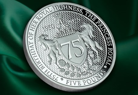 To mark the 75th Birthday of Princess Anne this £5 Proof Coin is being released. It features a new design featuring elements related to Princess Anne: number 75, two heralding horses, Festoon Tiara.