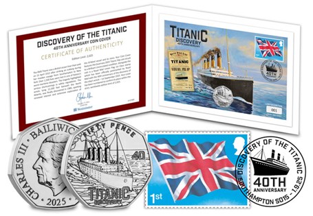 The Discovery of the Titanic 50p Coin Cover unites the 2025 Guernsey BU 50p, a Union Flag 1st Class Stamp, officially postmarked 01.09.25 , marking 40 years since the wreck’s discovery. EL: 2025.