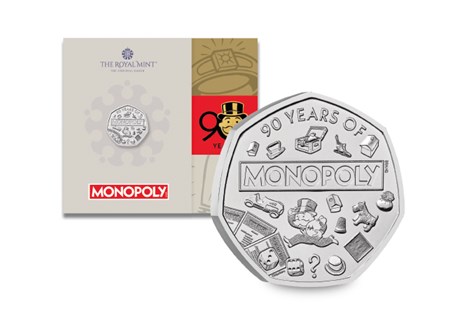 This Brilliant Uncirculated UK 50p marks 90 years of one of the world's most iconic board games - Monopoly. Comes in official Royal Mint packaging.