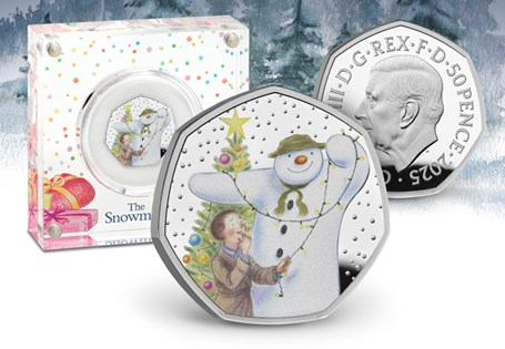 The UK 2025 Snowman Silver Colour 50p features a charming reverse design by illustrator Robin Shaw capturing The Snowman and James decorating the Christmas tree. Comes in official Royal Mint packaging