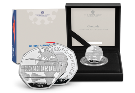 This Sterling Silver Proof 50p has been released by the Royal Mint to celebrate 50 years since Concorde's first commercial flight. Comes in official Royal Mint packaging. Edition Limit 3,500.