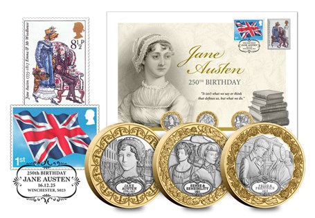 This coin cover features three new £2 coins for Jane Austen’s 250th: portrait, Pride & Prejudice, Sense & Sensibility. Includes 1975 pre-decimal & 1st class stamps, postmarked on 16/12 anniversary.