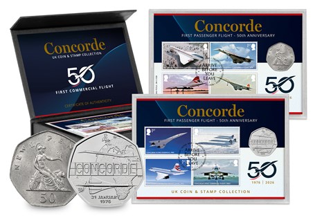 A set issued for the 50th anniversary of Concorde's first commercial flight, with the 1976 and 2026 Concorde BU 50p coins and GB 2026 Concorde Stamps, postmarked for the anniversary - limited to 250.