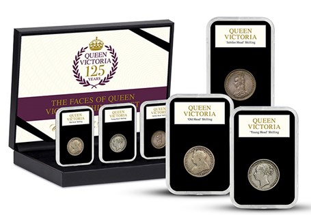 This cohesive set brings together the 3 portraits of Queen Victoria's reign, spanning over six decades. Includes silver shillings featuring the 'young', 'jubilee' and 'old' head portraits. 
