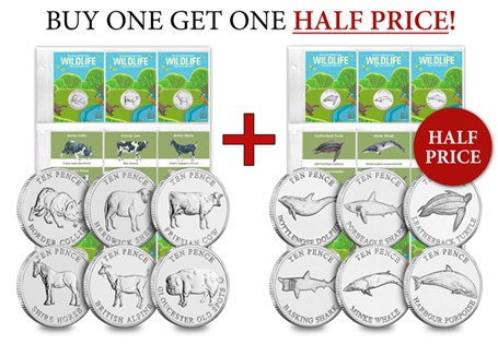 The British 'Mixed' Bundle includes two collector favourite sets Heritage Breeds and Sea Life. Each featuring 6 custom uncirculated British Wildlife 10p coins; totalling 12 coins in the full bundle.