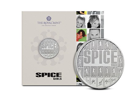 This 2026 dated UK £5 coin has been issued by The Royal Mint to celebrate 30 years of The Spice Girls' debut single, 'Wannabe'. Part of the Music Legends series. 