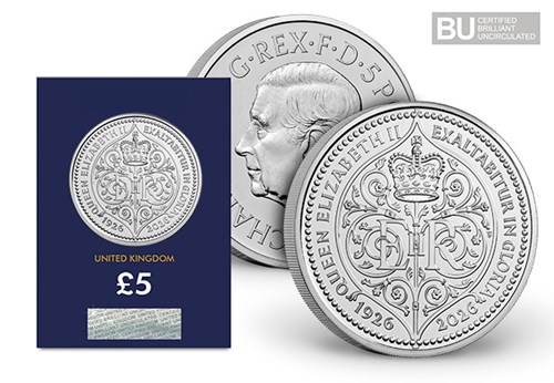 QEII 100 £5 Coin CBU Obvrev Of Coin In CC Packaging Withlogos JG 1