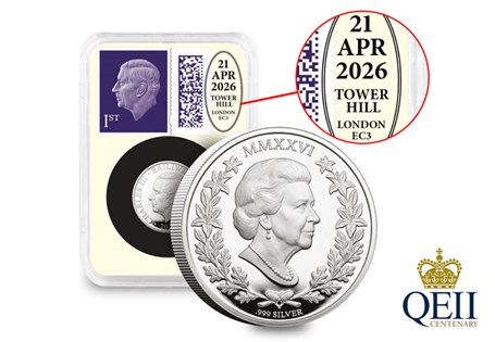 This Datestamp™ marks Queen Elizabeth II’s centenary, featuring the brand new 2026 Silver Centenary Sovereign and a 1st Class Stamp, postmarked by Royal Mail on 21 April 2026. Limited to 995 pieces.