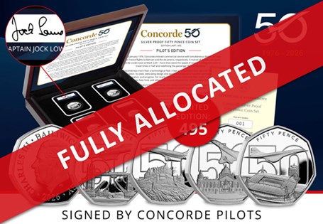 Sterling Silver Proof Concorde 50p set, each design showing Concorde above iconic UK landmarks and hand-signed by four former Concorde pilots. Strictly limited to 495 worldwide.