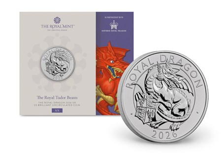 This UK 2026 Brilliant Uncirculated £5 Coin pack is the tenth and final release in The Royal Mint's Tudor Beasts collection. The reverse features the Royal Dragon, Comes in Royal Mint packaging.